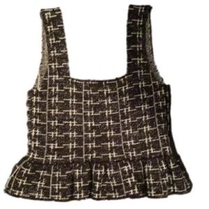 Textured Black and White Tweed Square-Neck Peplum Tank Top